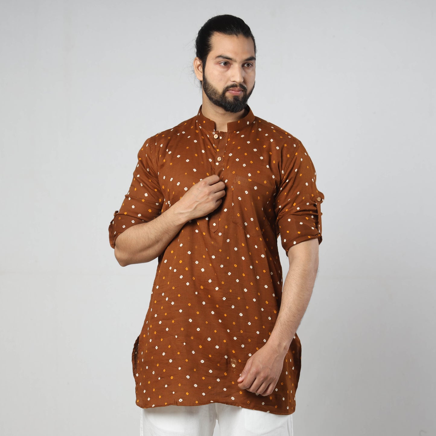  Bandhani Tie-Dye Cotton Men Short Kurta 