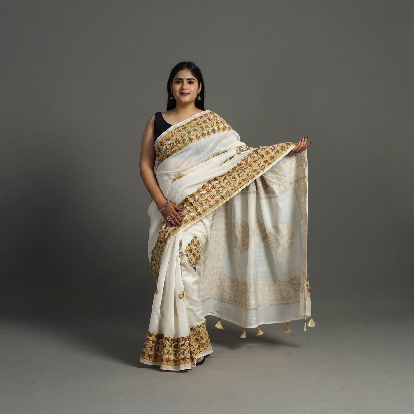 Brown - barmer applique work chanderi silk saree
