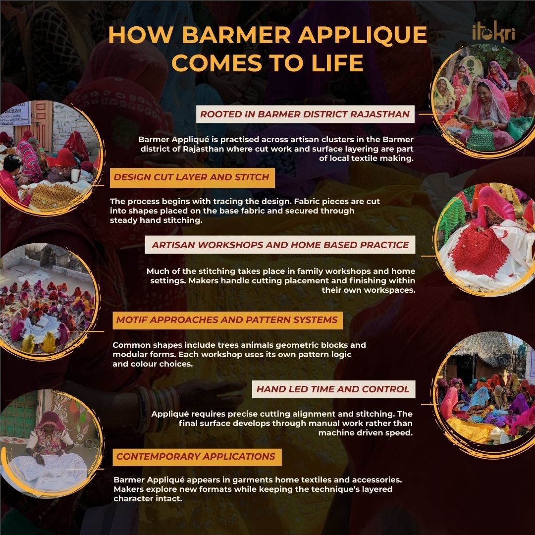 Brown - barmer applique work chanderi silk saree