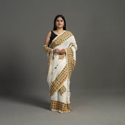 Brown - barmer applique work chanderi silk saree