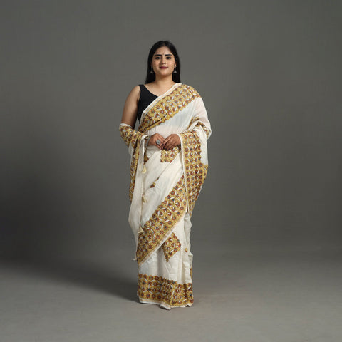 Brown - barmer applique work chanderi silk saree
