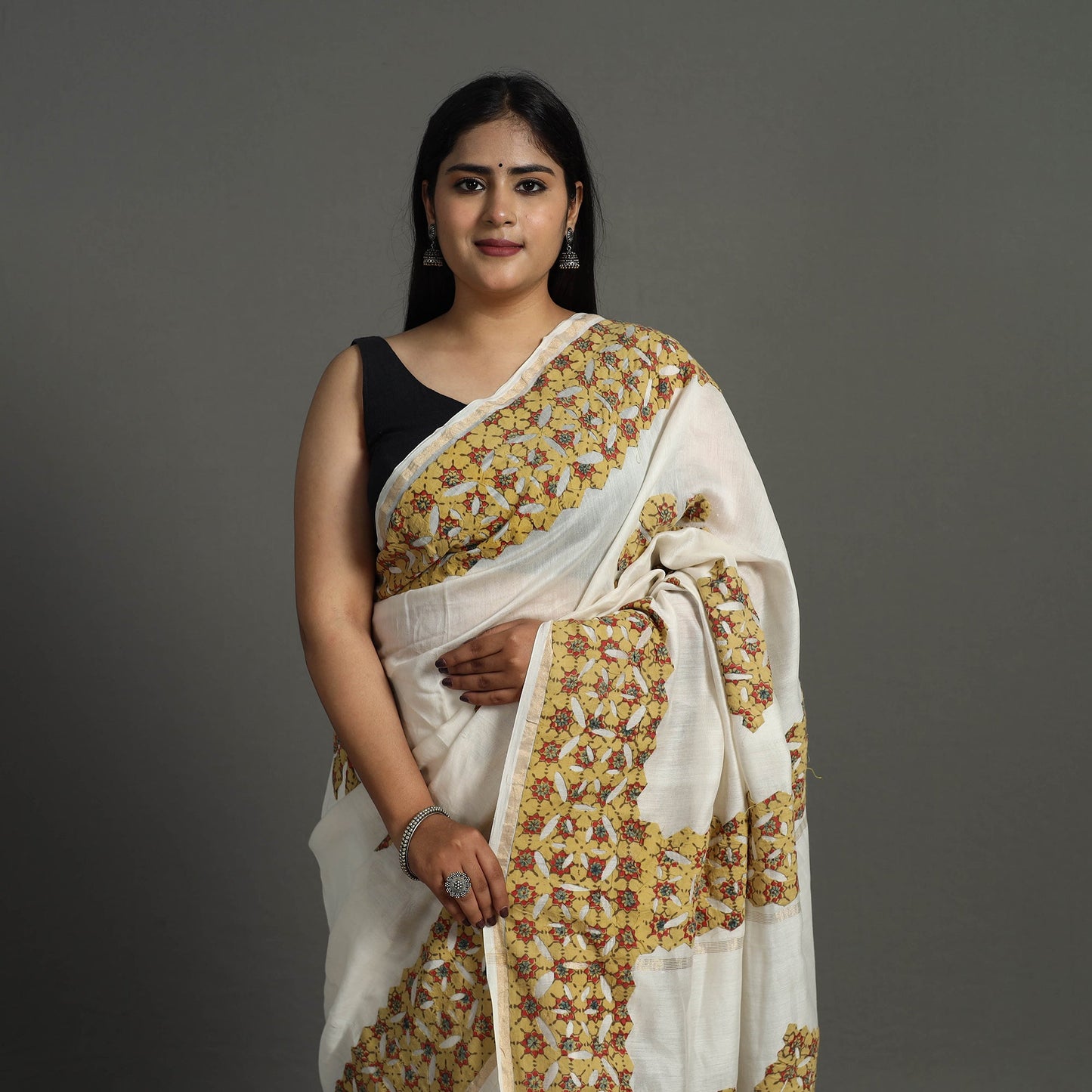 Brown - barmer applique work chanderi silk saree