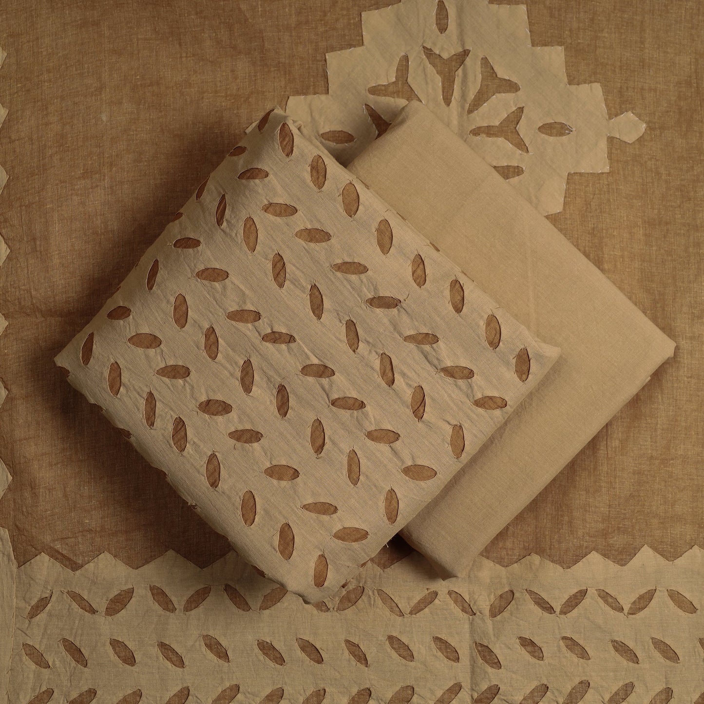  Brown 3pc Cut Work Cotton Barmer Applique Dress Material