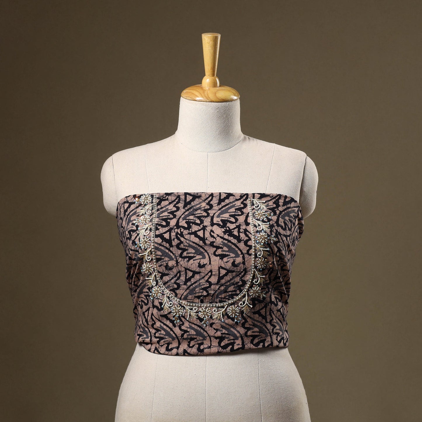 Brown Batik Print Hand Embroidery Cotton Blouse Piece 