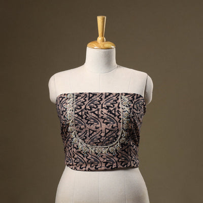 Brown Batik Print Hand Embroidery Cotton Blouse Piece 