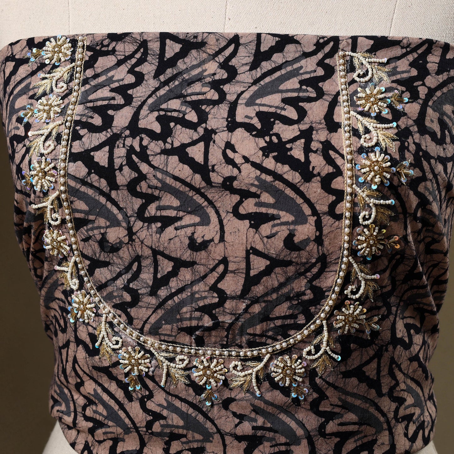 Brown Batik Print Hand Embroidery Cotton Blouse Piece 