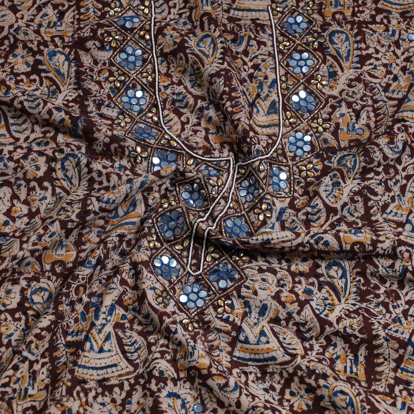 Buy Bead Work Embroidery Kalamkari Block Printed Cotton Kurta Material Online at iTokri.com
