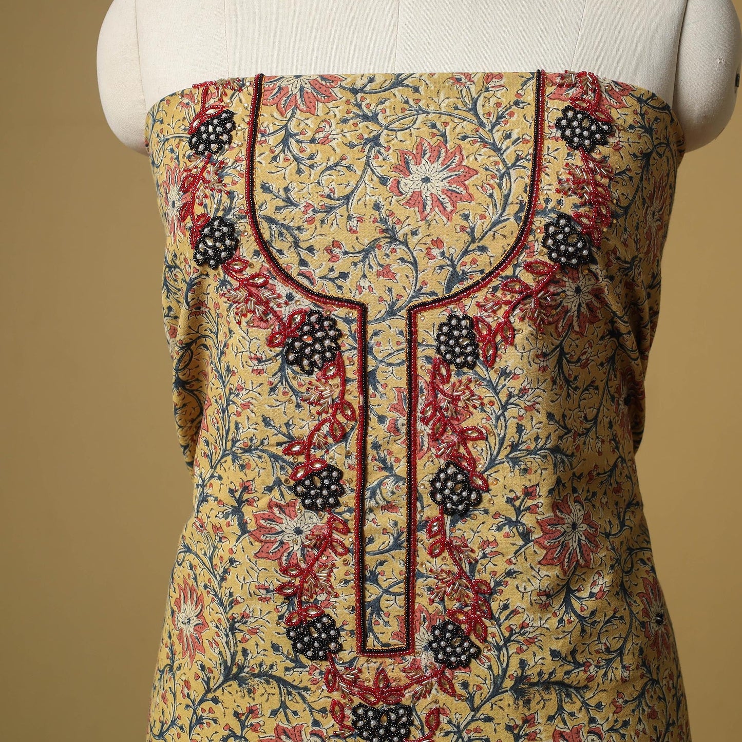 Brown - bead work embroidery kalamkari printed cotton