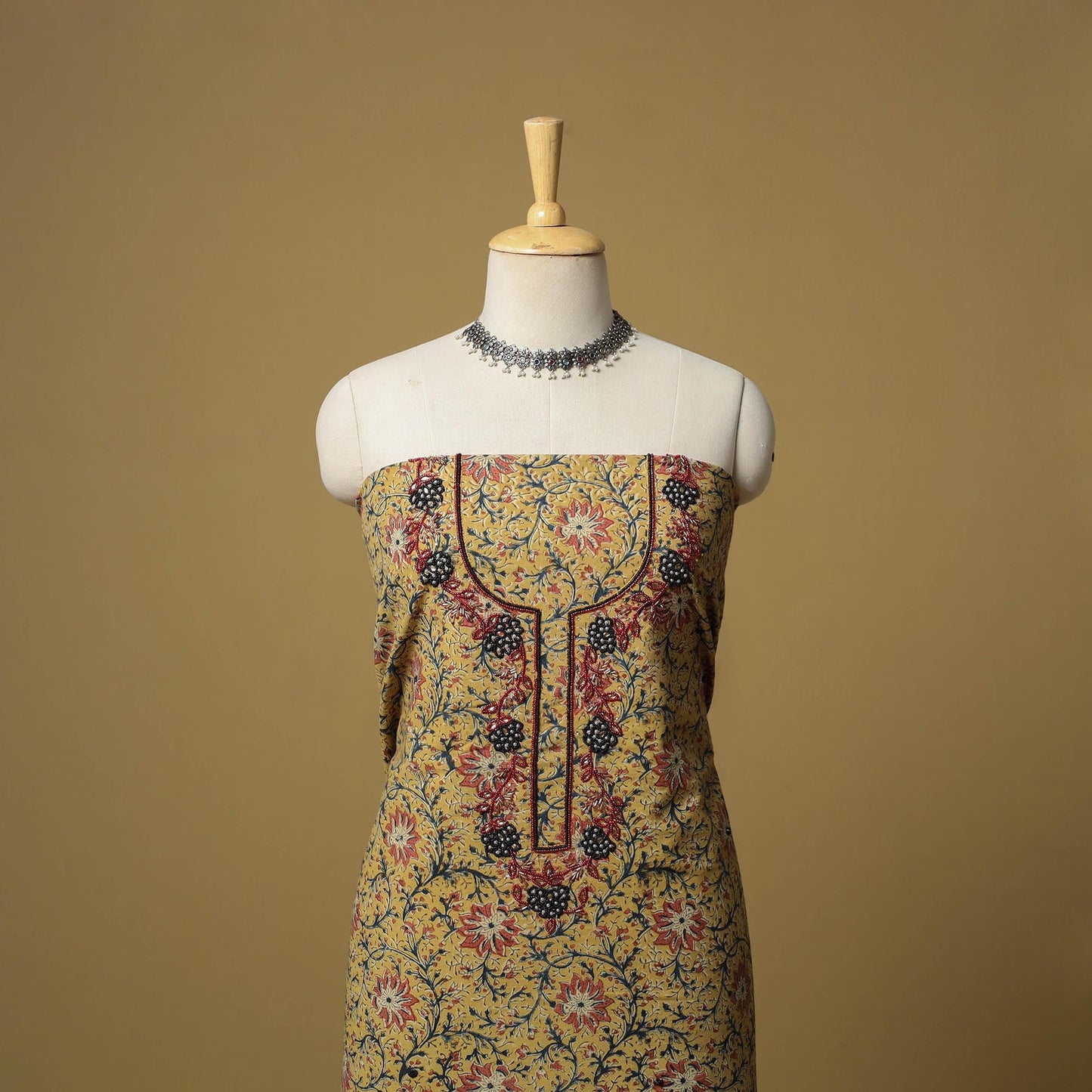 Brown - bead work embroidery kalamkari printed cotton