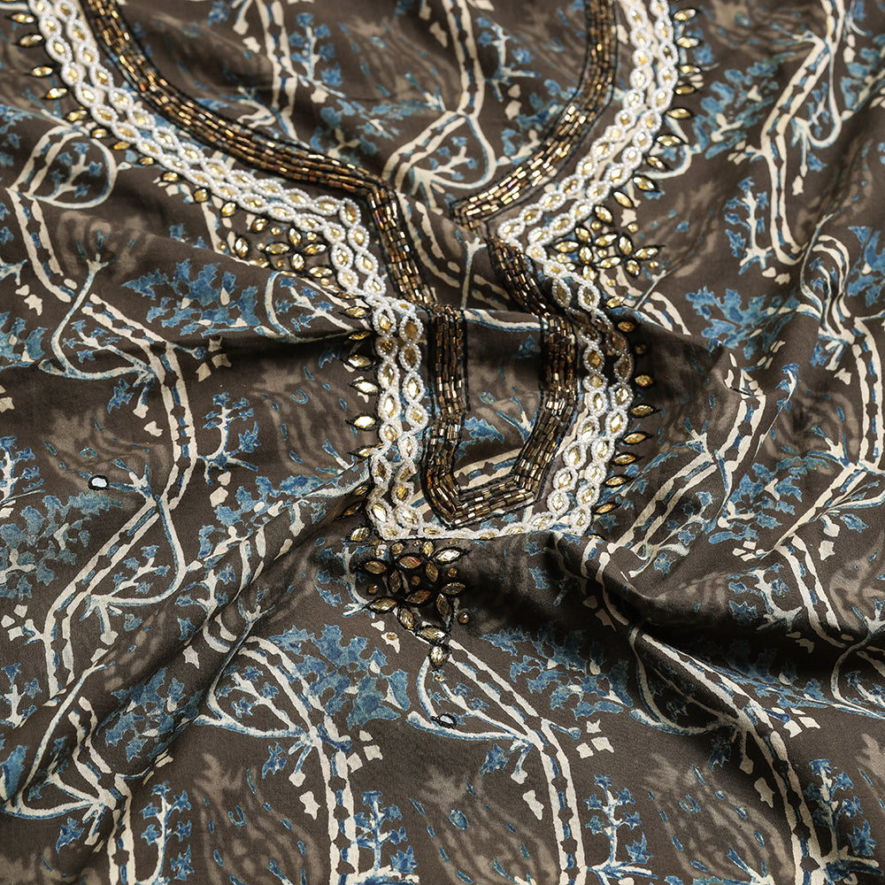  Bead Work Embroidery Ajrakh Block Printing Cotton Kurta Material 