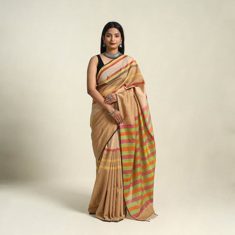 Beige Bengal Woven Border Handloom Cotton Saree 