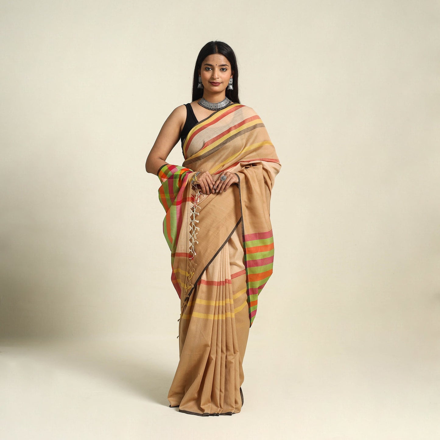 Beige Bengal Woven Border Handloom Cotton Saree 
