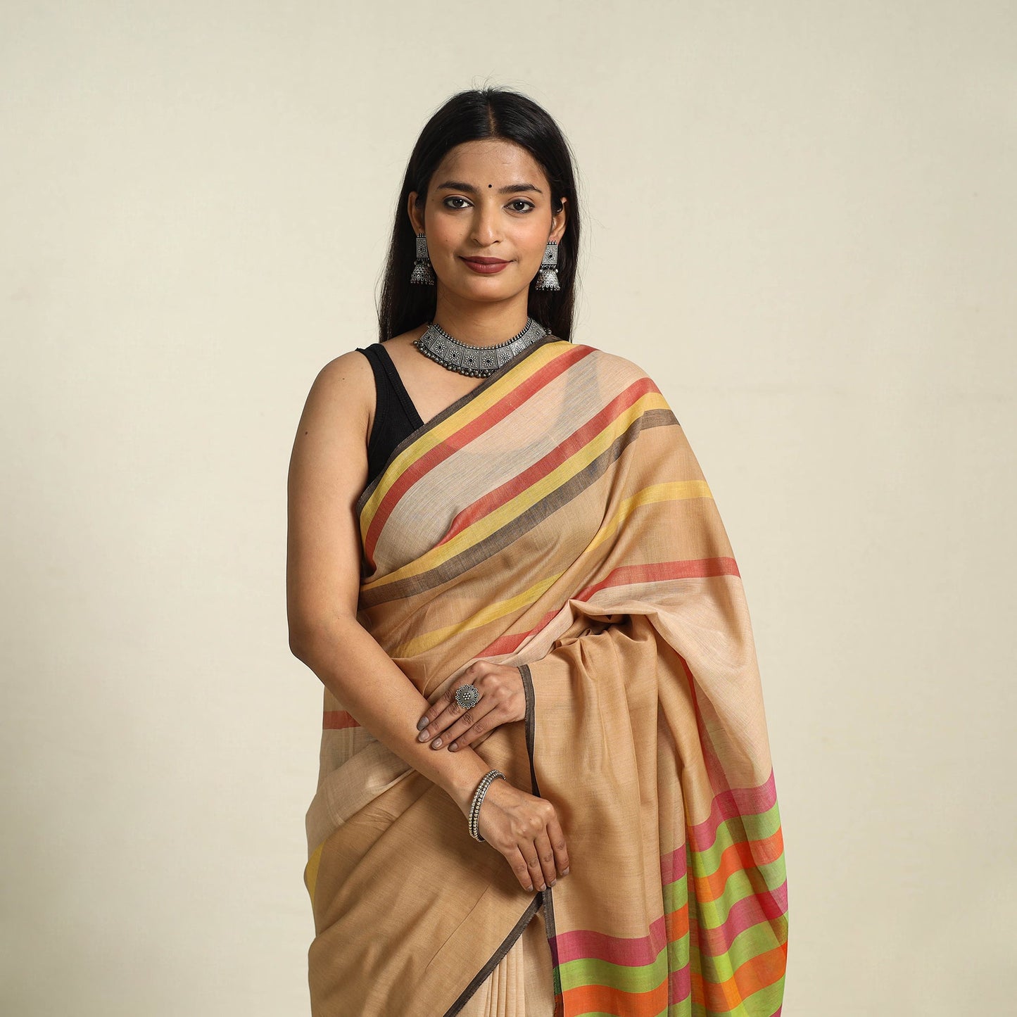 Beige Bengal Woven Border Handloom Cotton Saree 