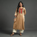 Beige - plain mashru silk with patchwork straight kurta