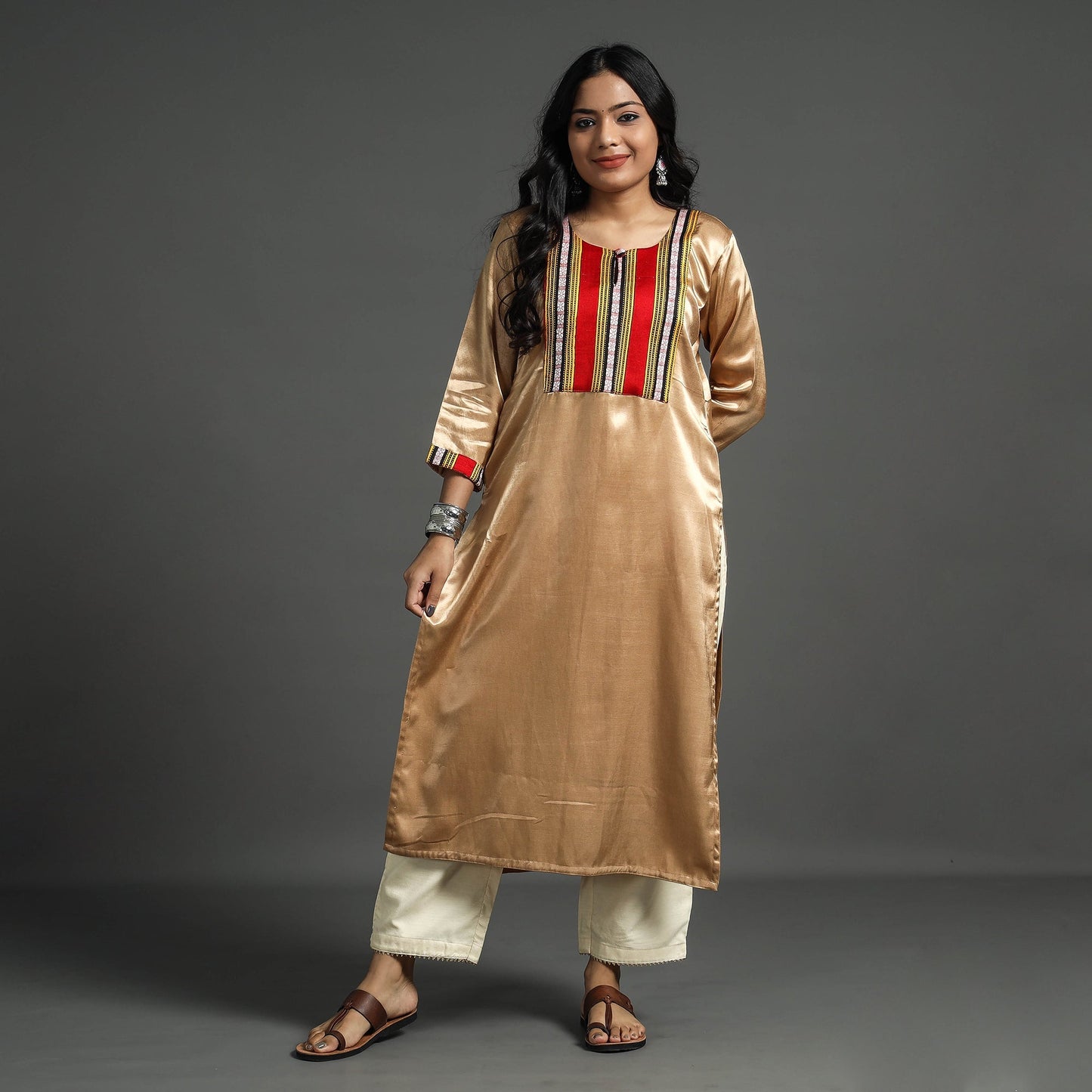 Beige - plain mashru silk with patchwork straight kurta