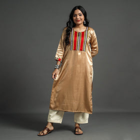 Beige - plain mashru silk with patchwork straight kurta