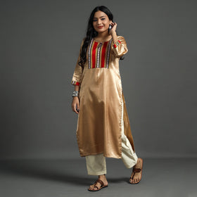 Beige - plain mashru silk with patchwork straight kurta
