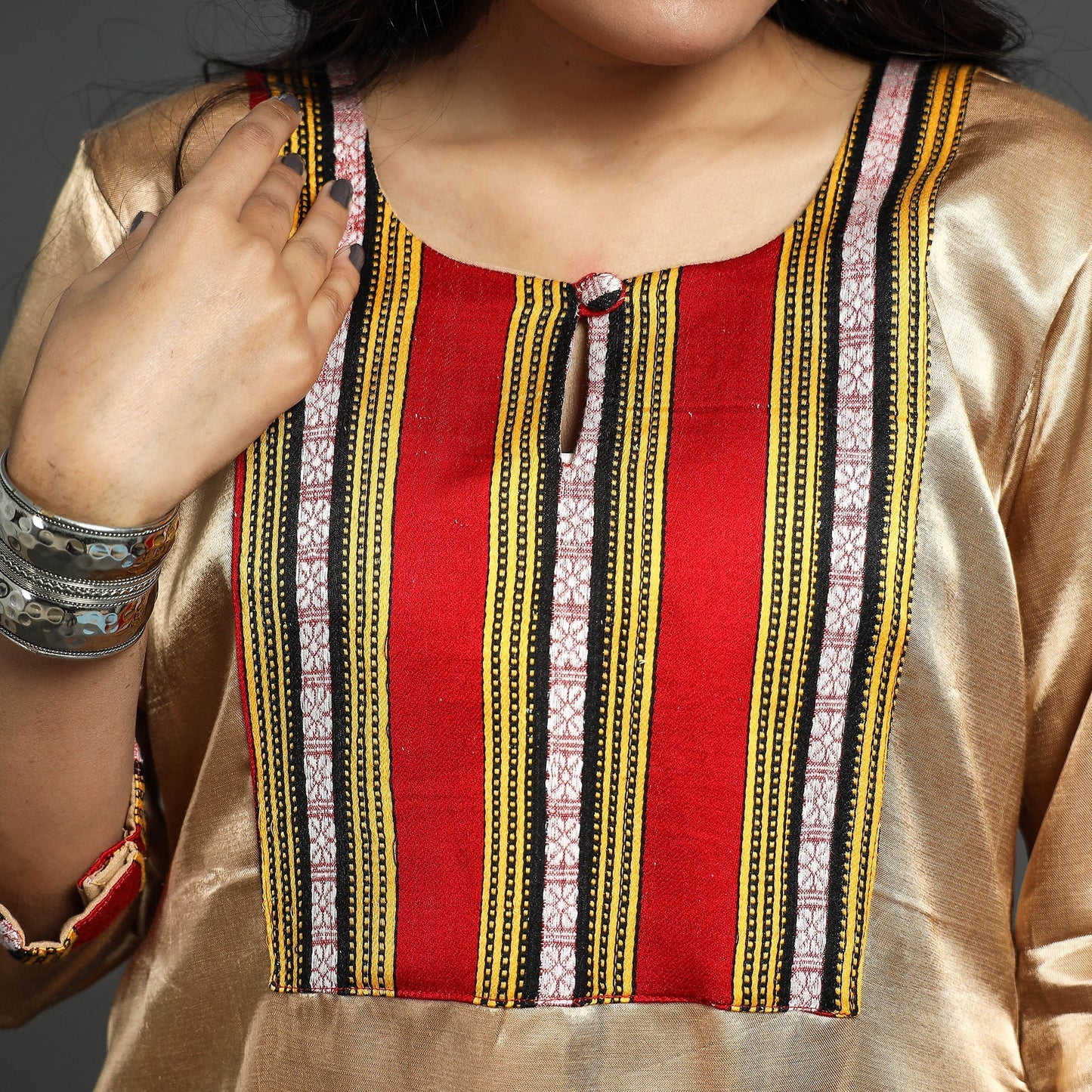 Beige - plain mashru silk with patchwork straight kurta