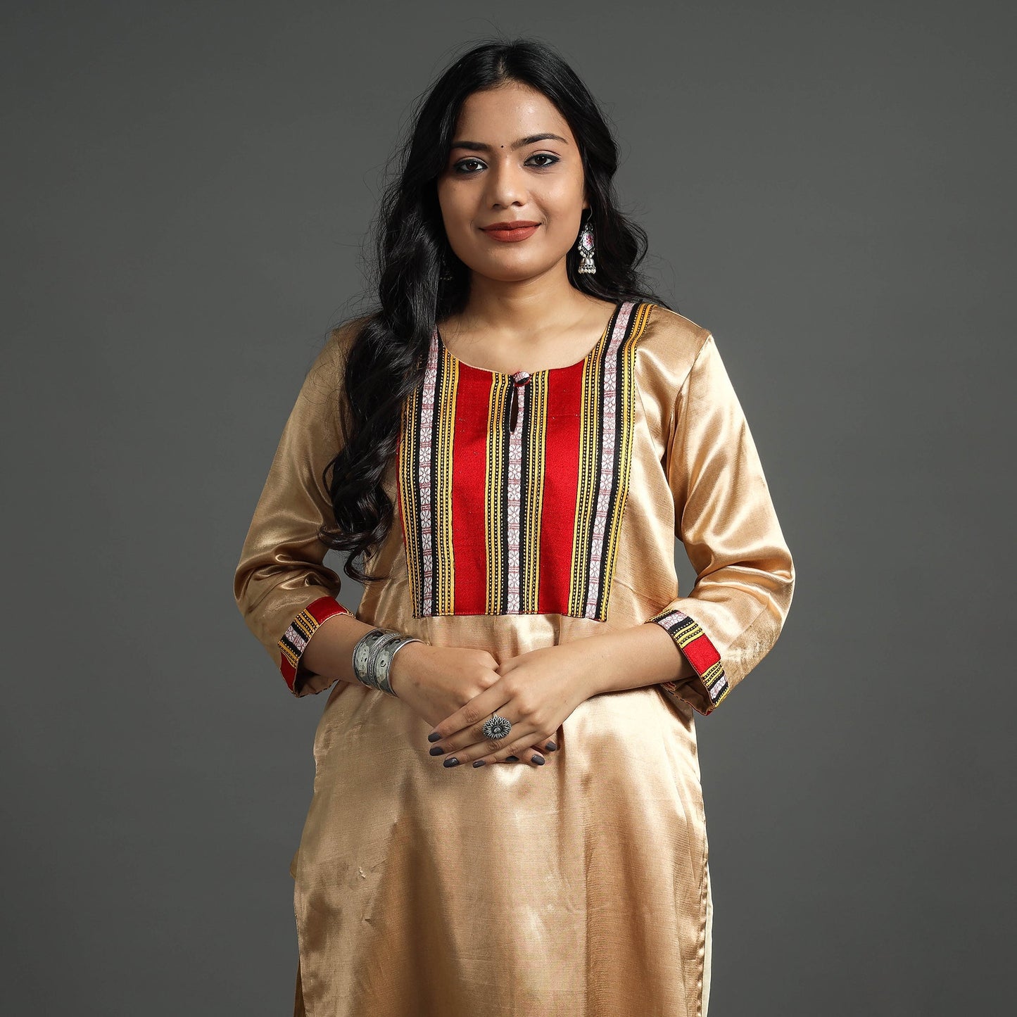 Beige - plain mashru silk with patchwork straight kurta