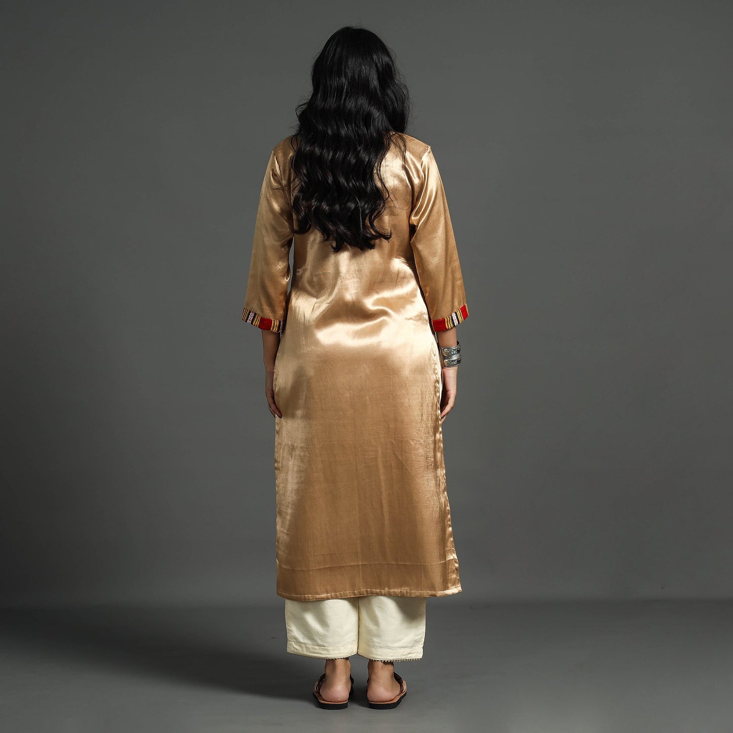 Beige - plain mashru silk with patchwork straight kurta