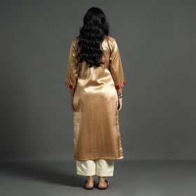 Beige - plain mashru silk with patchwork straight kurta