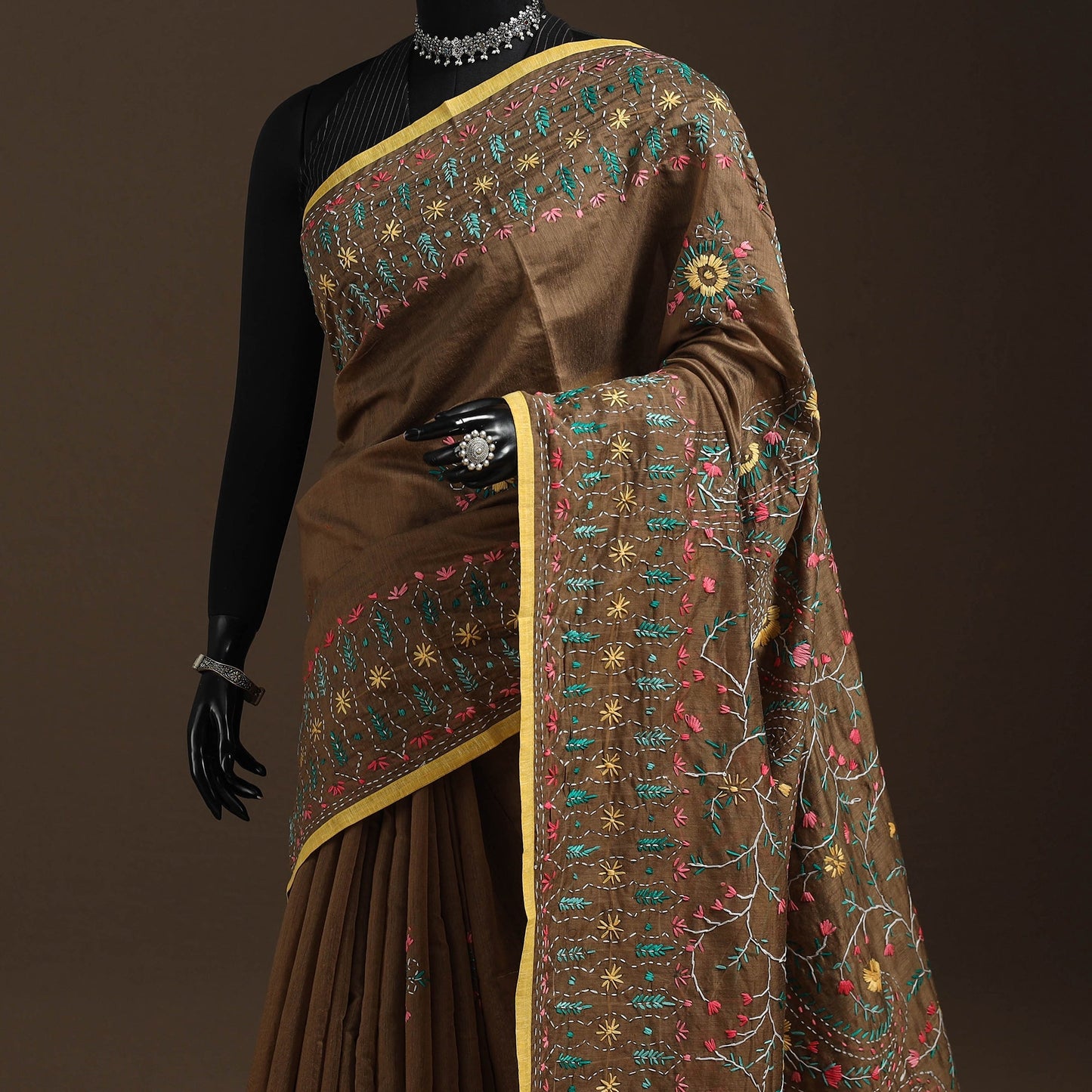 Bengal chanderi silk hand embroidered saree 02 - handcrafted