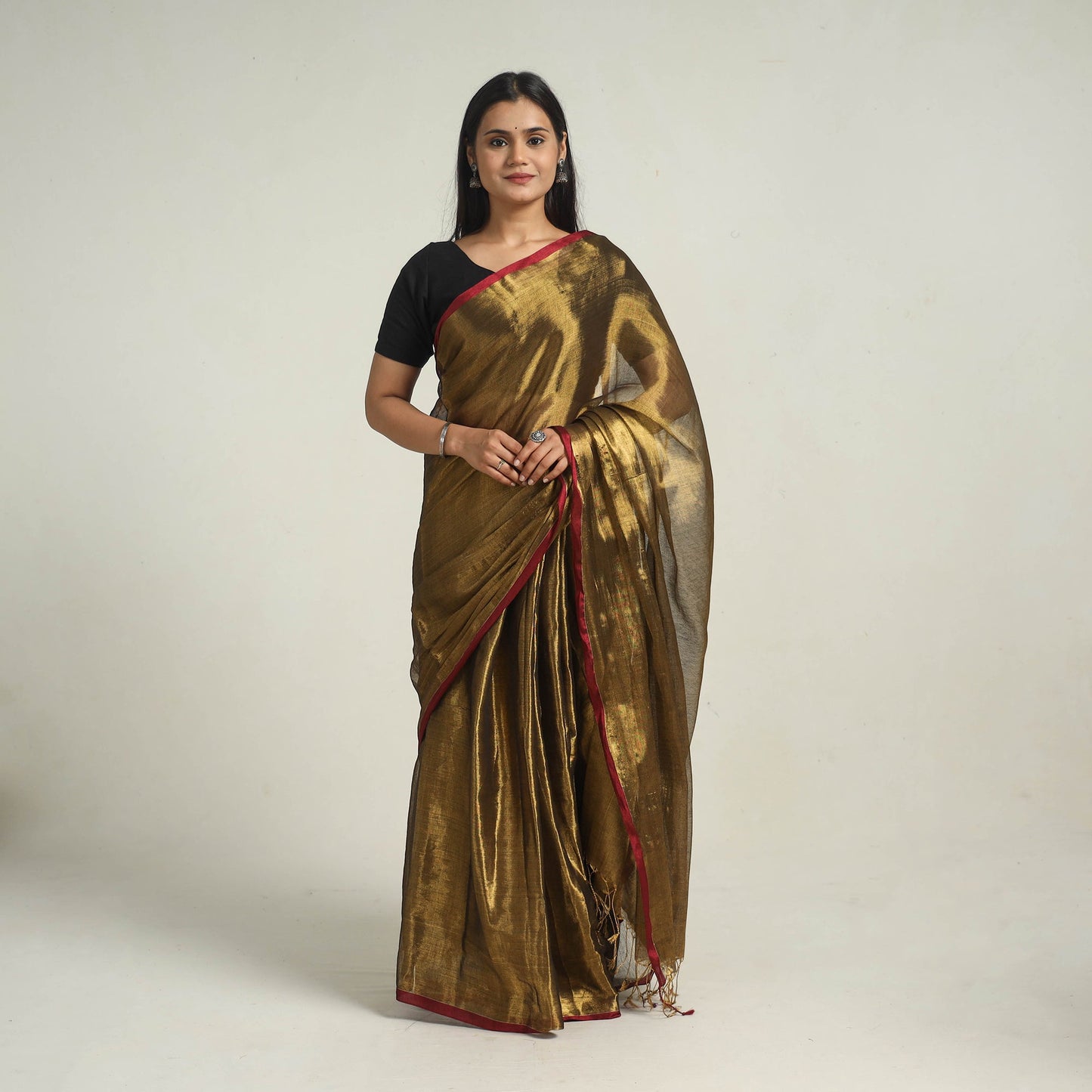 Buy Brown Bengal Fine Tissue Zari Saree Online at iTokri.com