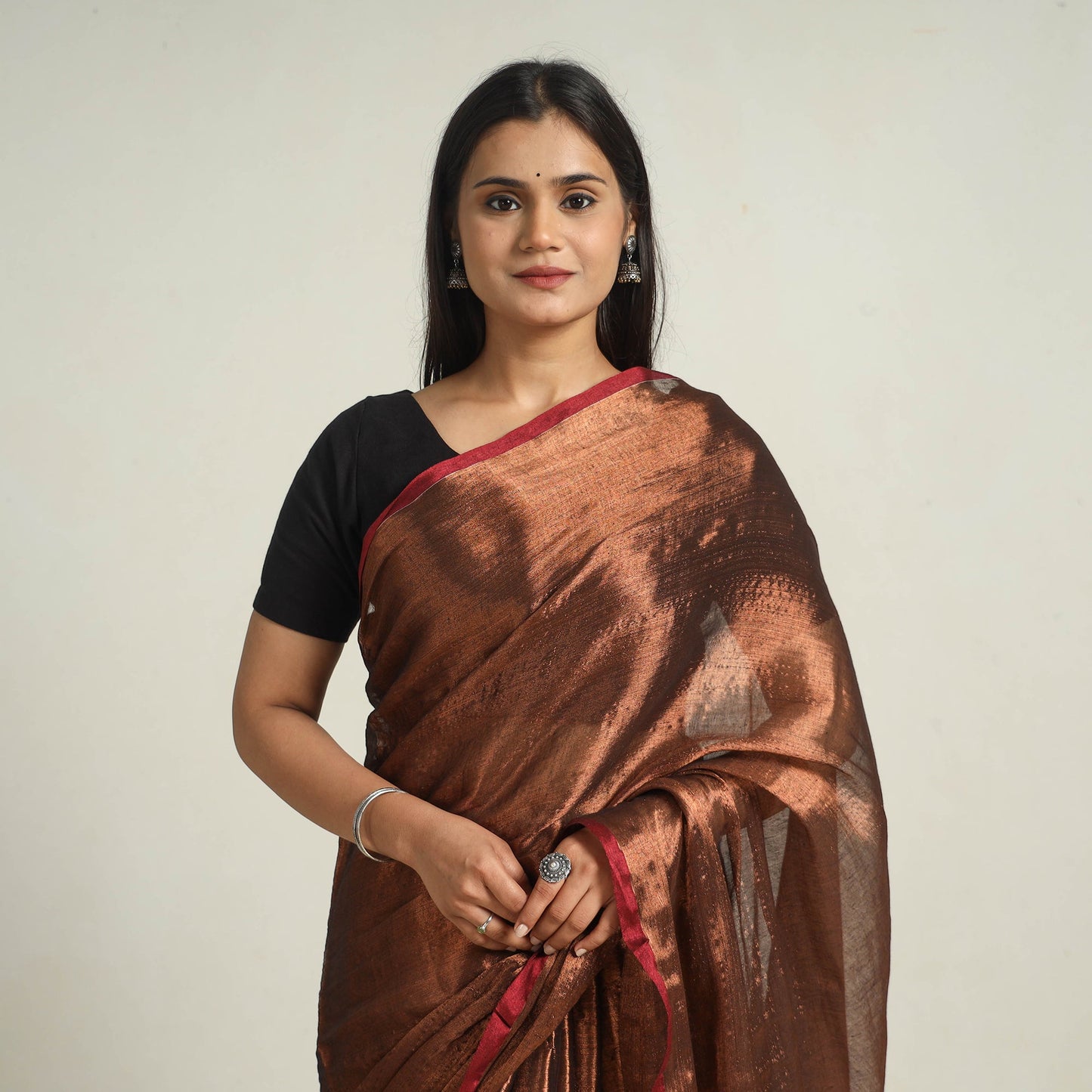 Buy Brown Bengal Fine Tissue Zari Saree Online at iTokri.com