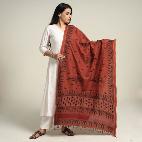Brown - Bengal Kantha Embroidered Cotton Handloom Dupatta