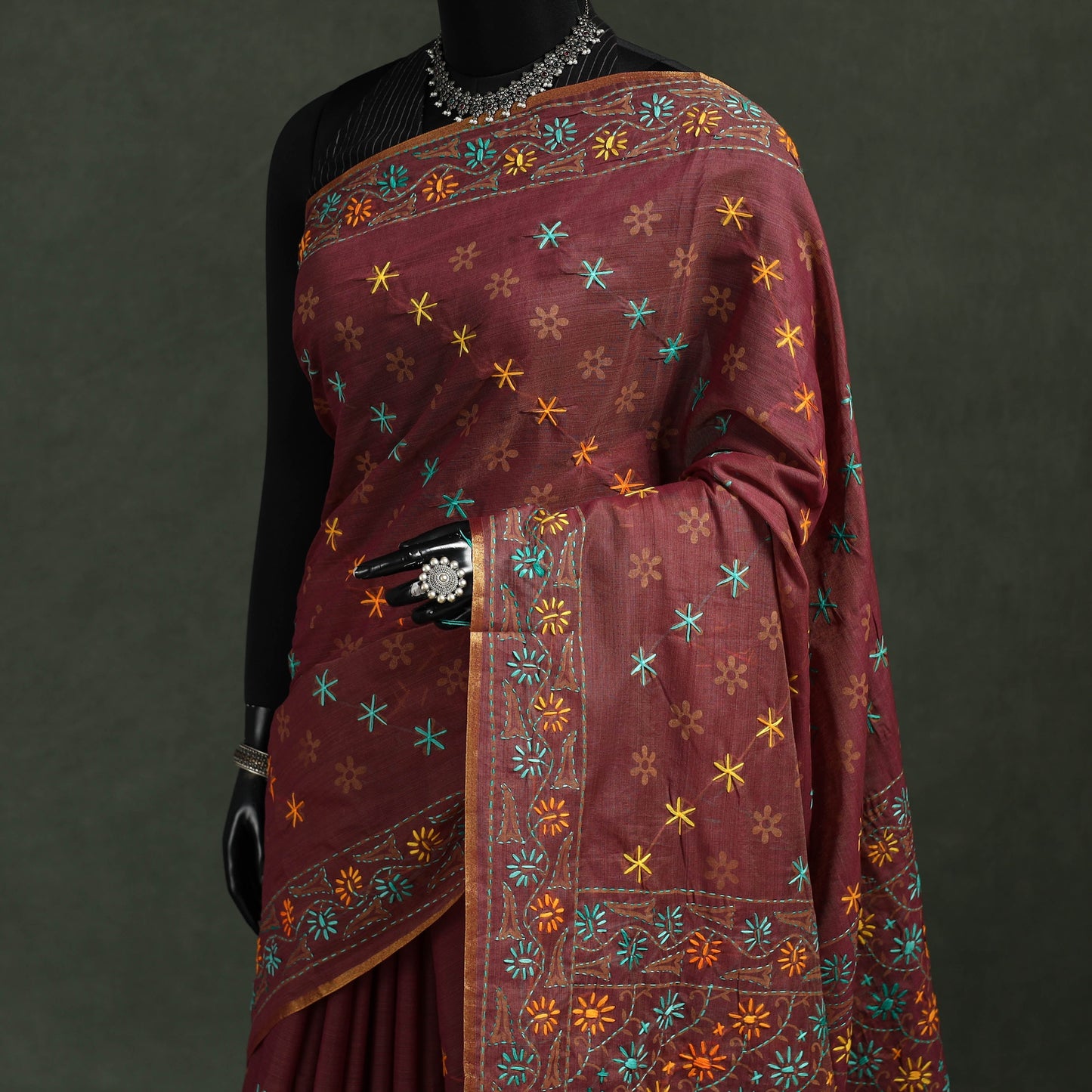 Bengal kantha hand embroidery silk cotton chapa work saree