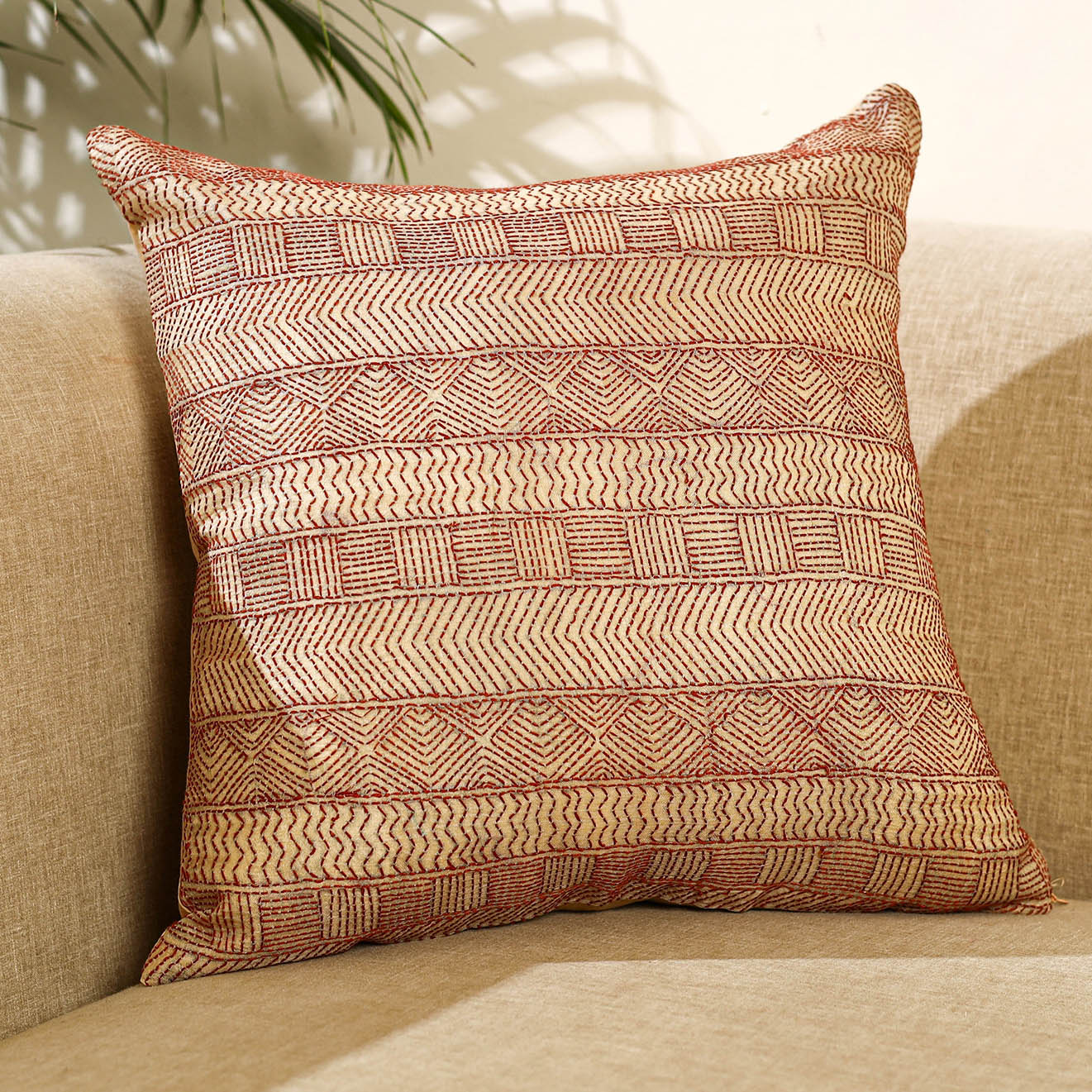 Buy Brown Bengal Kantha Work Reversible Silk Cushion Cover
