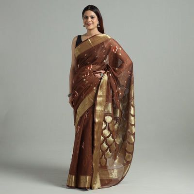 Brown - bengal pure cotton zari tant handloom saree 67