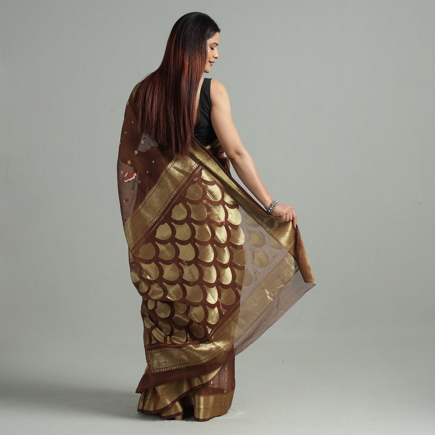 Brown - bengal pure cotton zari tant handloom saree 67