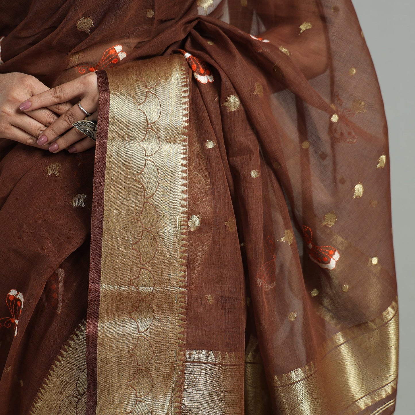 Brown - bengal pure cotton zari tant handloom saree 67