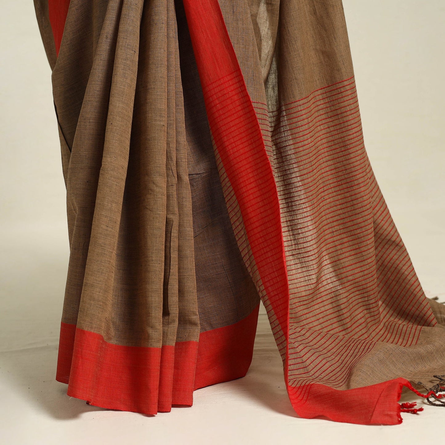 Brown - bengal woven border handloom cotton saree 06