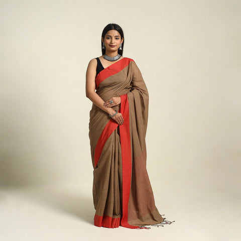 Brown - bengal woven border handloom cotton saree 06