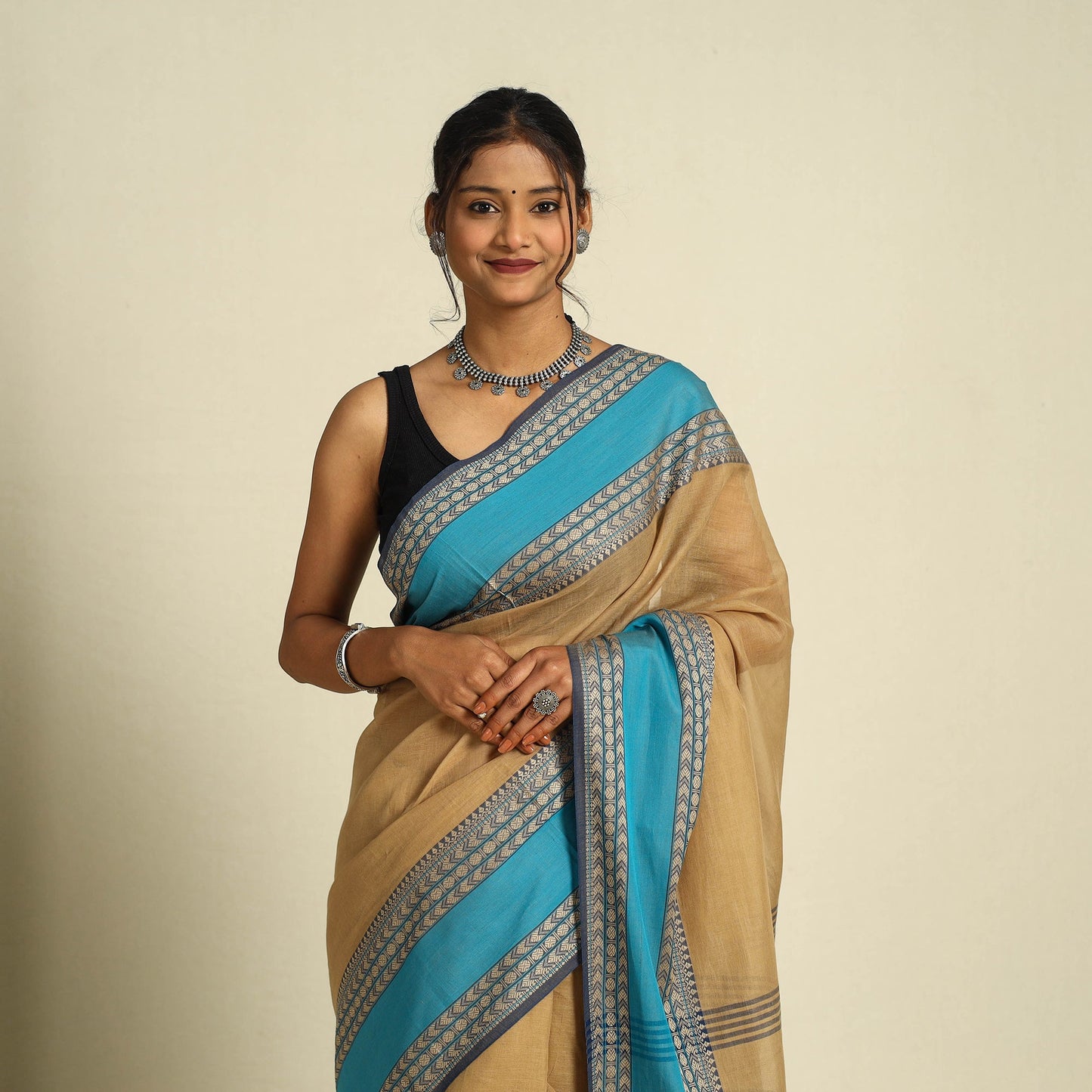 Brown - bengal woven border handloom cotton saree 61