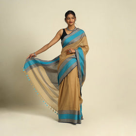 Brown - bengal woven border handloom cotton saree 61