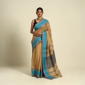 Brown - bengal woven border handloom cotton saree 61