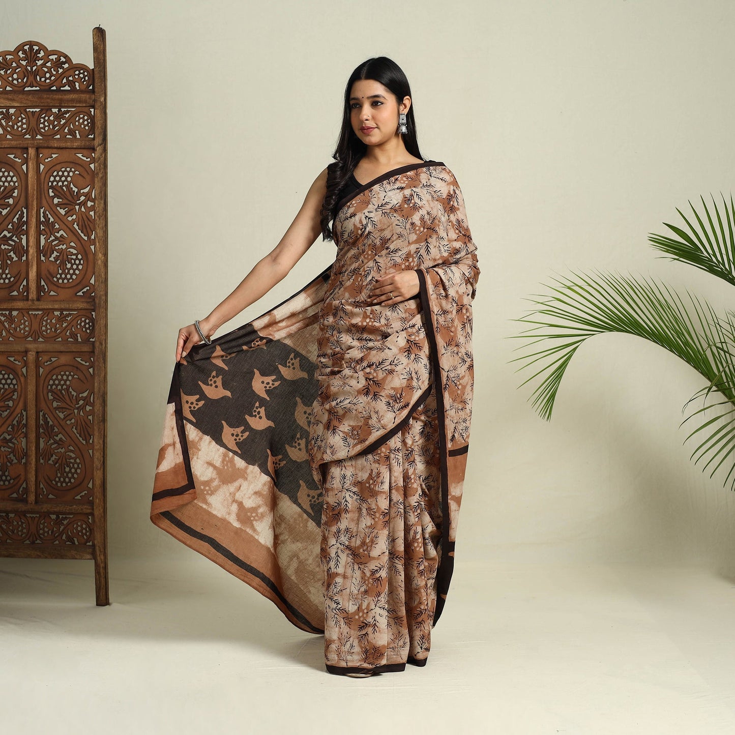 Buy Brown Bindaas Art Natural Dyed Cotton Block Print Saree