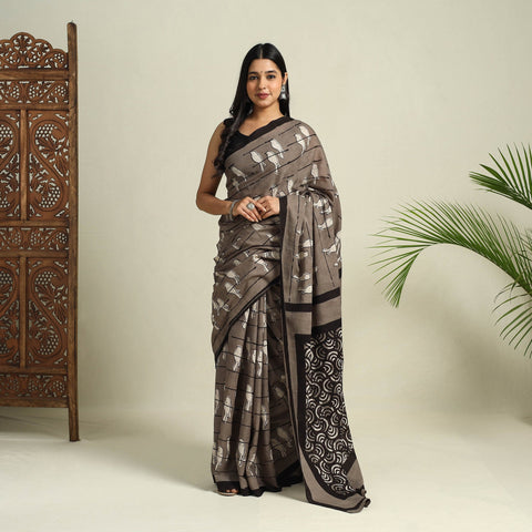 Buy Brown Bindaas Art Natural Dyed Cotton Block Print Saree