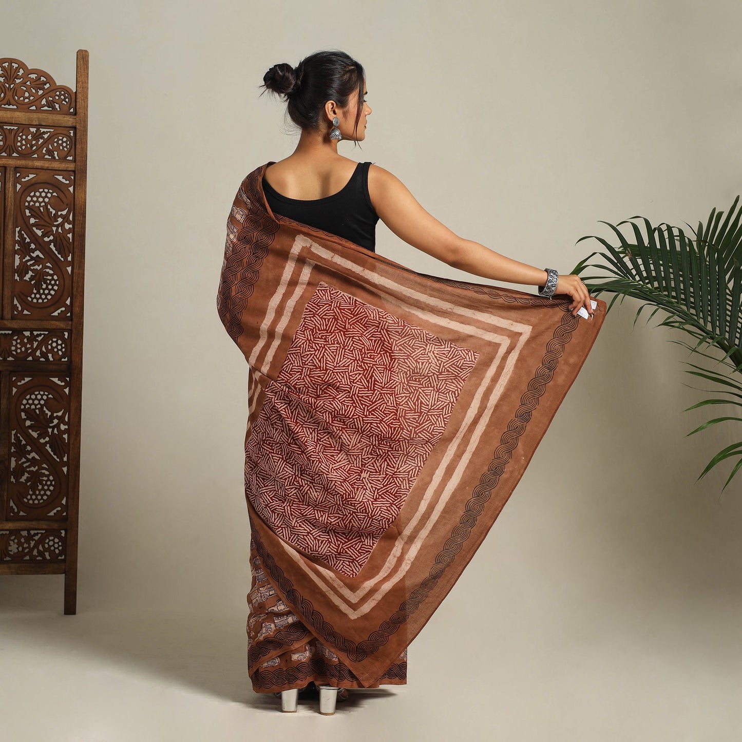  Brown Bindaas Art Natural Dyed Cotton Block Print Saree