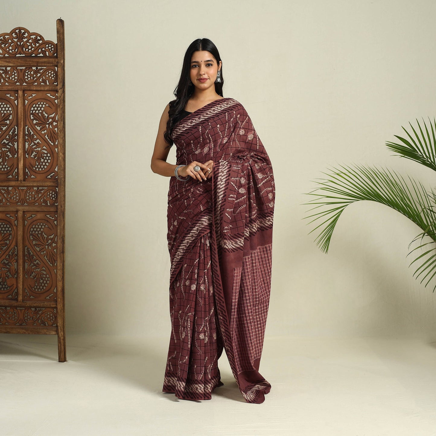 Buy Brown Bindaas Art Natural Dyed Cotton Block Print Saree