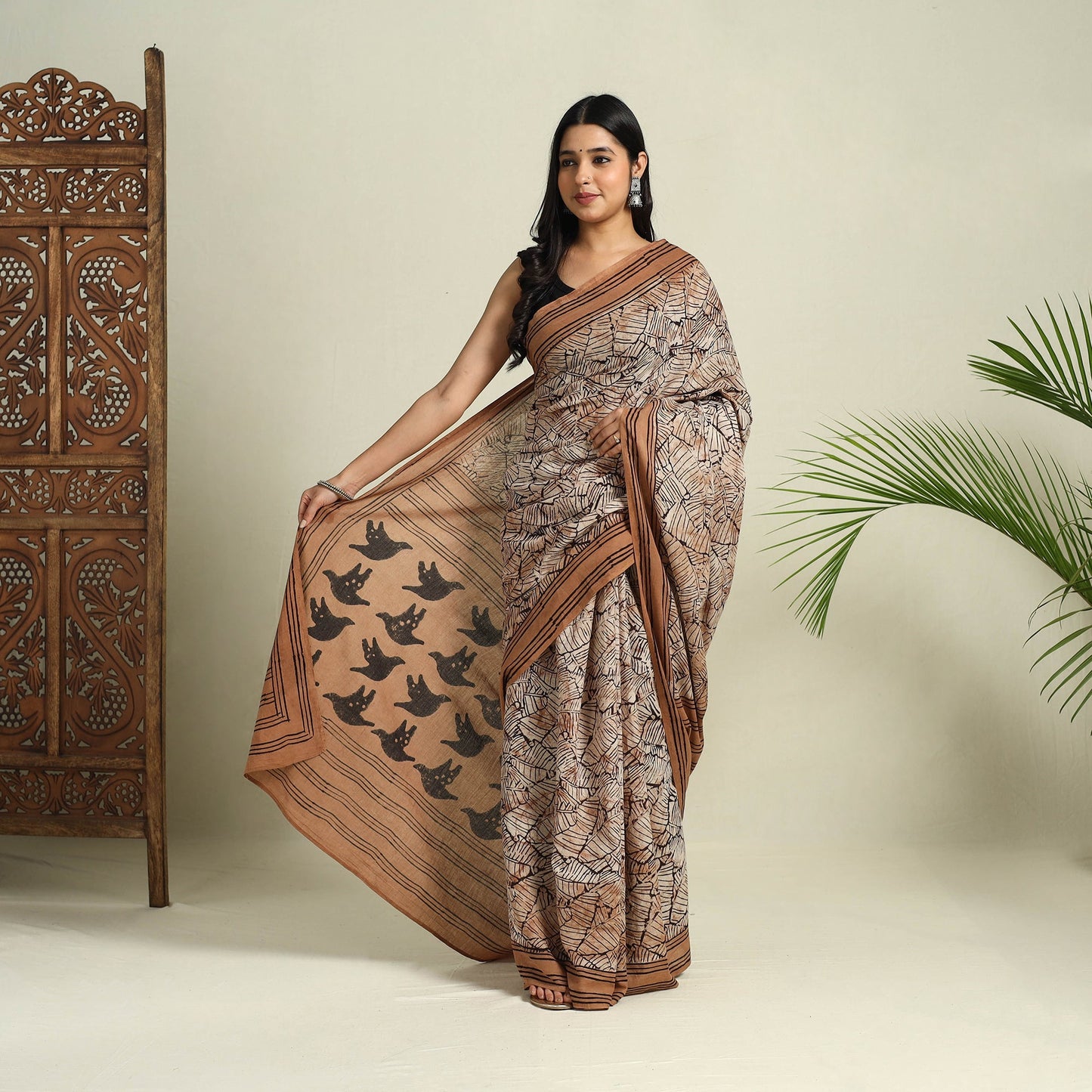 Buy Brown Bindaas Art Natural Dyed Cotton Block Print Saree
