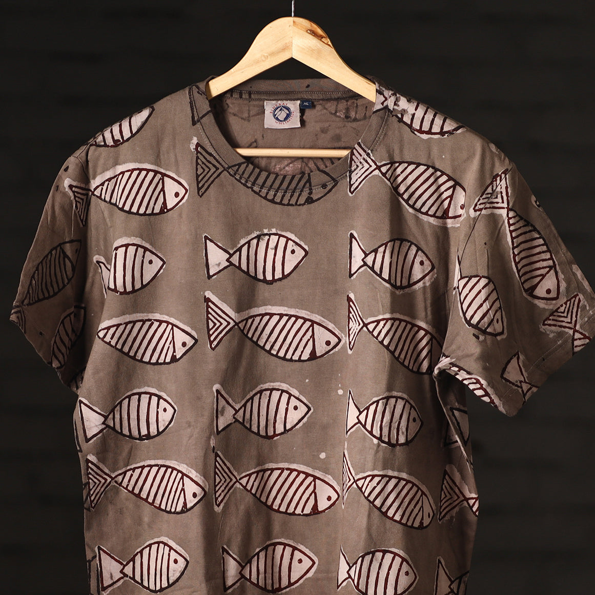 Brown - Bindaas Natural Dyed Art Block Print Round Neck T-shirt in Pure Cotton