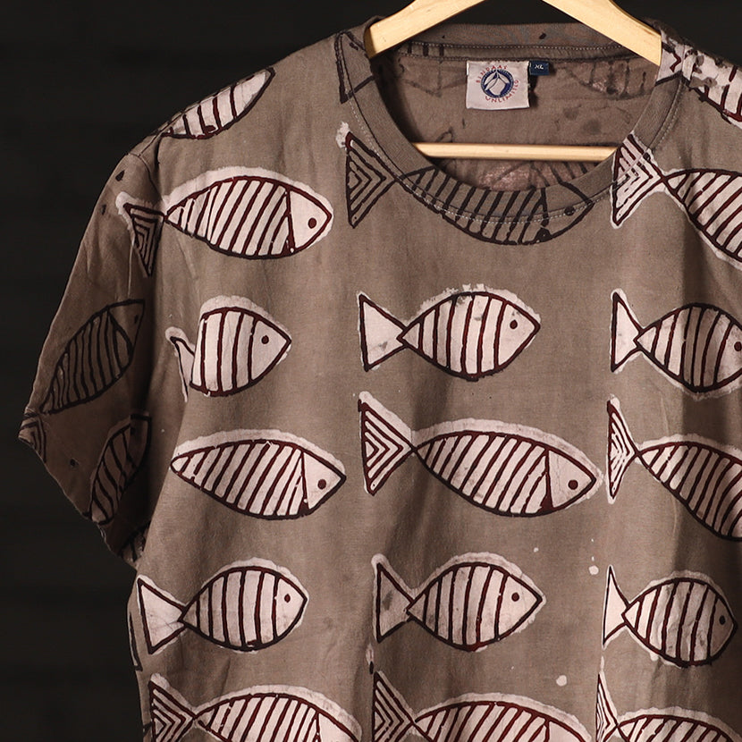 Brown - Bindaas Natural Dyed Art Block Print Round Neck T-shirt in Pure Cotton