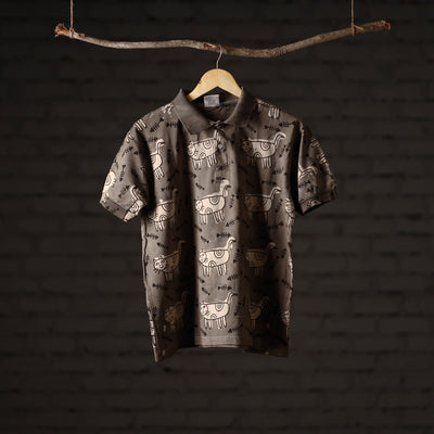 Buy Brown Bindaas Block Art Printed Cotton Unisex Polo Collar T-shirt