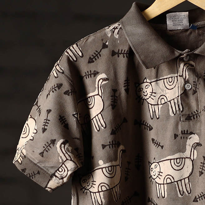 Buy Brown Bindaas Block Art Printed Cotton Unisex Polo Collar T-shirt