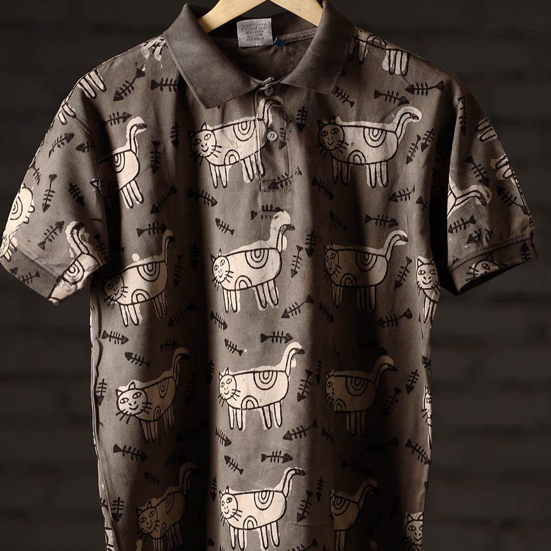 Buy Brown Bindaas Block Art Printed Cotton Unisex Polo Collar T-shirt