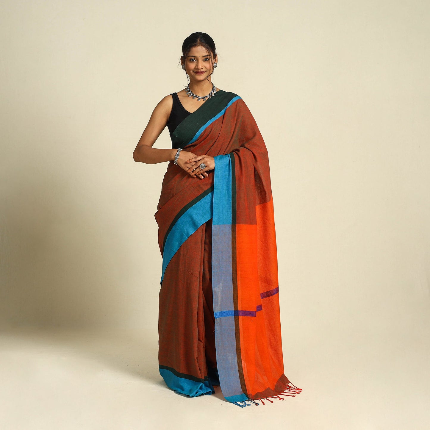  Brown Bishnupur Mul Cotton Saree from Bengal